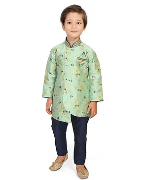 KIDS FARM Silk Full Sleeves All Over Flower Print Kurta With Pajama - Green