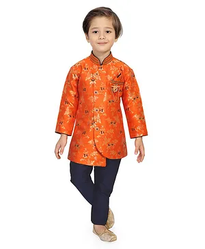 KIDS FARM Silk Full Sleeves Foil Leaves Print Kurta With Contrast Pajama - Orange Blue