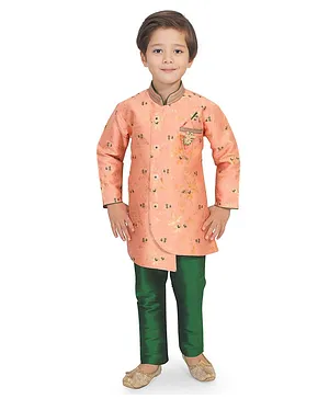 KIDS FARM Silk Full Sleeves Foil Leaves Print Kurta With Contrast Pajama - Peach Green