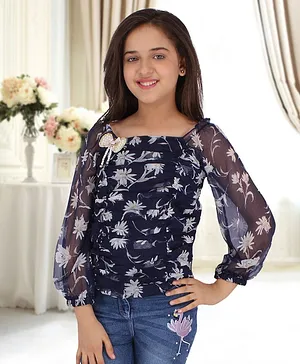Cutecumber Full Sleeves Bow Embellished Floral Printed Ruched Detail Top - Navy Blue