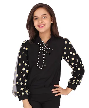 Cutecumber Full Puffed Sleeves Daisy Floral Printed Pearls Embellished Top - Black
