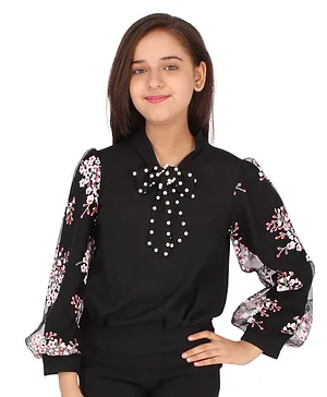 Cutecumber Full Puffed Sleeves Floral Printed Pearls Embellished Top - Black