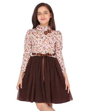 Cutecumber Full Sleeves Seamless Flower & Leaf Printed Fit & Flare Mesh Dress With Flower Applique - Brown