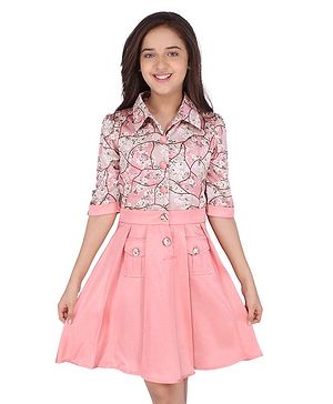 Cutecumber Half Sleeves Floral Printed Shirt Dress - Peach