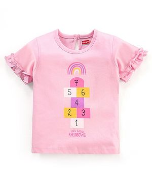 Babyhug Cotton Half Sleeves Top With Graphics and Frill Detailing - Pink
