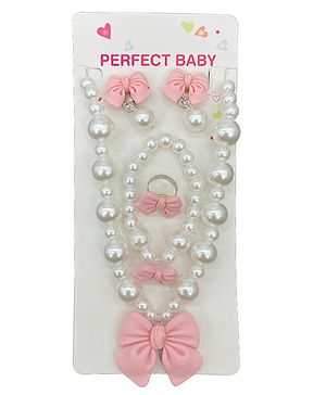 SYGA Children's Girls Necklace Earring Bracelet Ring Set Jewelry Bow Pearl Necklace Bracelet Pink - 4 Pieces