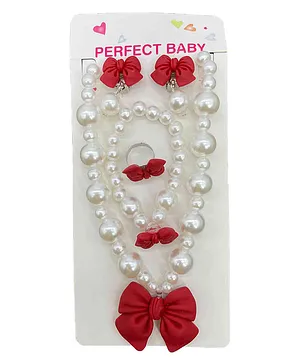 SYGA Children's Girls Necklace Earring Bracelet Ring Set Jewelry Bow Pearl Necklace Bracelet Red - 4 Pieces