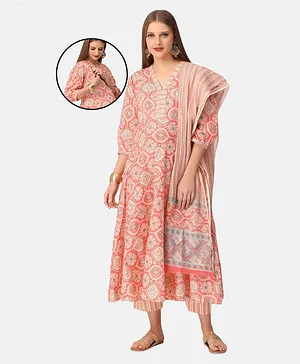 The Mom Store Ek Jhalak Three Fourth Sleeves Floral Print Maternity And Feeding Kurta And Pant With Dupatta - Pink