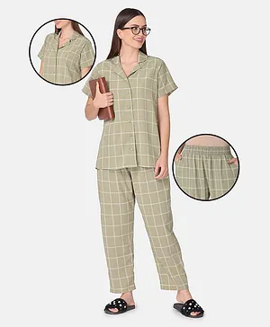 The Mom Store Half Sleeves All Over block Checked Maternity & Nursing Shirt With Coordinating Pyjama - Green