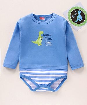 Babyhug 100% Cotton Full Sleeves Onesie Stripes & Dino Print- Blue