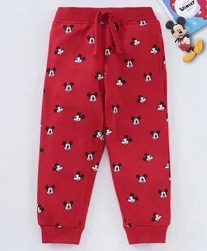 Babyhug Cotton Full Length Ribbed Waist Lounge Pant Micky Mouse Print - Red