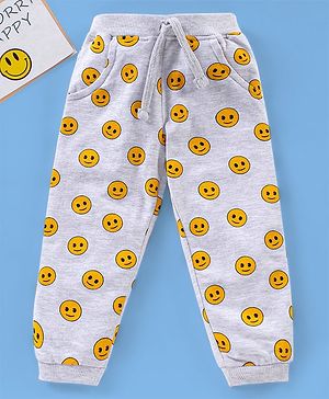 Babyhug Full Length Looper Lounge Pant Smiley Face Print - Grey