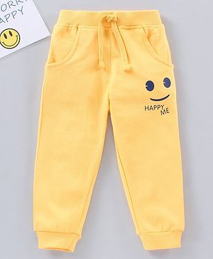Babyhug Full Length Lounge Pant Text & Smiley Print - Yellow
