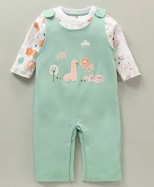ToffyHouse Full Sleeves Dungaree Style Romper With Inner Animal Print - Green