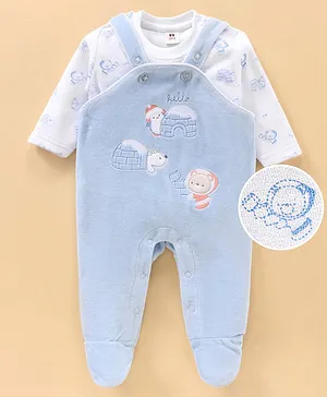 Toffyhouse Sleeveless Dungaree Romper With Full Sleeves Inner T-Shirt Igloo & Santa Embroidered - Light Blue
