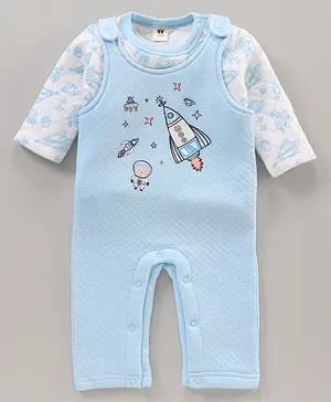 ToffyHouse Dungaree Style Romper with Full Sleeves Inner Tee Rocket Print - Blue
