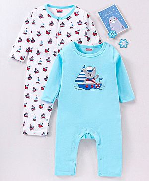 Babyhug 100% Cotton Full Sleeves Bear Print Romper Pack of 2 - Blue and White