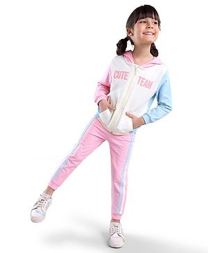 Babyhug Cotton Knit Full Sleeves Hooded Top and Bottomwear Set Text Print - Pink and Blue