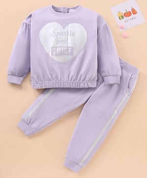 Babyhug Full Sleeves Top & Lounge Pant Glitter Text Print - Lilac
