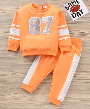 Babyhug Cotton Full Sleeves Top & Lounge Pant Set Sequin Embroidery - Orange