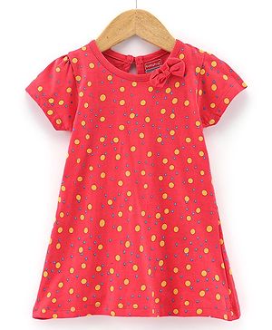 Babyhug 100% Cotton Knit Half Sleeves One Piece Printed Dress - Coral