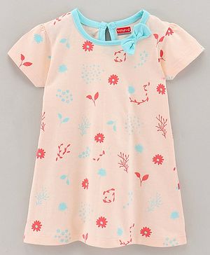 Babyhug 100% Cotton Knit Short Sleeves Frock Floral Print - Peach