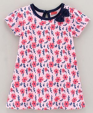 Babyhug 100% Cotton Knit Short Sleeves Frock Floral Print - Pink