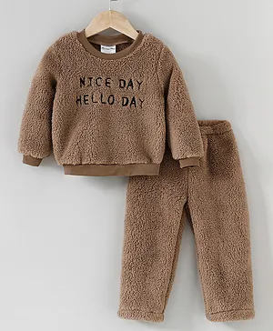 Kookie Kids Winter Wear Full Sleeves Night Suit Text Design - Brown