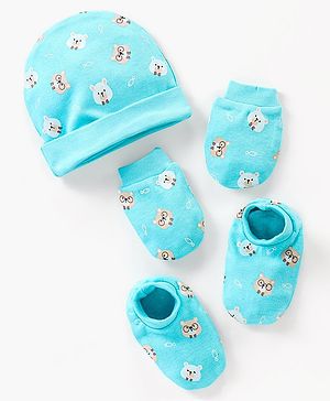 Babyhug 100% Cotton Cap Mittens & Booties Blue - Diameter 10 cm