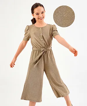 Primo Gino Mettalised Knit Half Sleeves Jumpsuit Solid - Gold