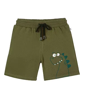 Plan B 100% Cotton Dinosaur Placement Printed Shorts - Olive Green