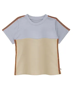 Plan B Half Sleeves Placement Striped Colour Block 100% Cotton Tee - Grey