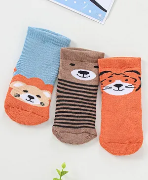 Cute Walk by Babyhug Ankle Length Antibacterial Socks Striped & Animal Design Pack of 3 - Multicolour
