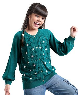 Arias Consciously Sourced Cotton Floral Jacquard Front Button Open Sweater with Buttons - Green