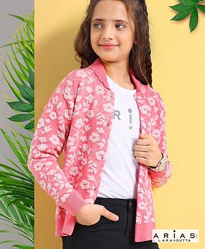 Arias Consciously Sourced Cotton Floral Jacquard Front Button Open Sweater with Buttons -Pink & White