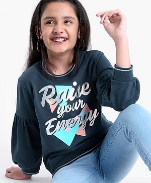 Pine Kids Cotton Knit Full Sleeves Bio Washed Sweatshirt Text Print - Navy