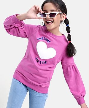 Pine Kids Full Sleeves Biowashed Cotton Sweatshirt Heart & Text Print- Pink