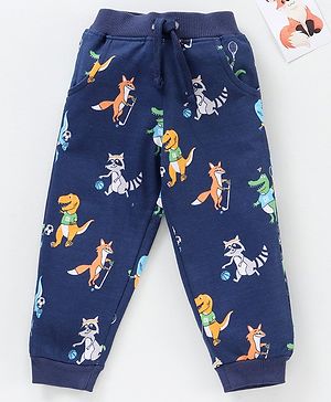 Babyhug Cotton Lounge Pant With Ribbed Waist Animal Print - Navy