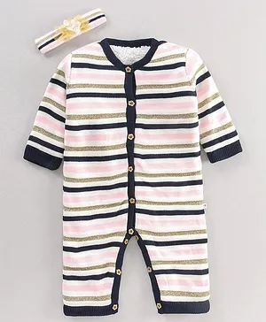 Yellow Apple Full Sleeves Cotton Rompers With Headband Stripes Print- Navy Blue