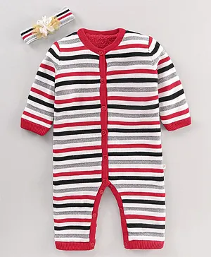 Yellow Apple Full Sleeves Cotton Rompers With Headband Stripes Print- Red