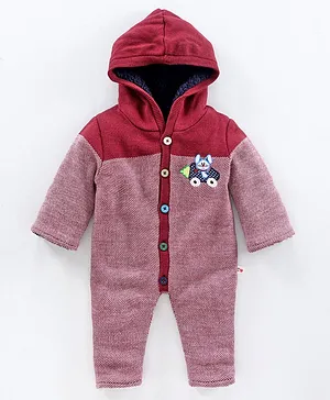 Yellow Apple Full Sleeves Cotton Embroidered Hooded Romper - Maroon
