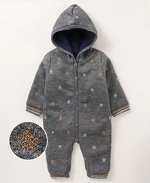Yellow Apple Cotton Full Sleeves Hooded Winter Wear Romper Star Print - Grey