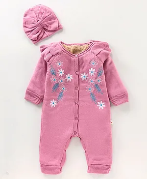 Yellow Apple Full Sleeves Full Length Winter Wear Romper With Cap Floral Print - Pink
