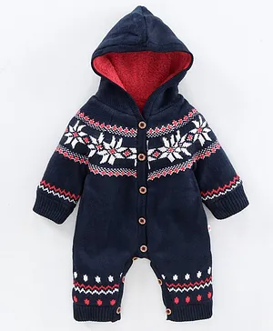 Yellow Apple Full Sleeves Cotton Embroidered Hooded Romper - Blue