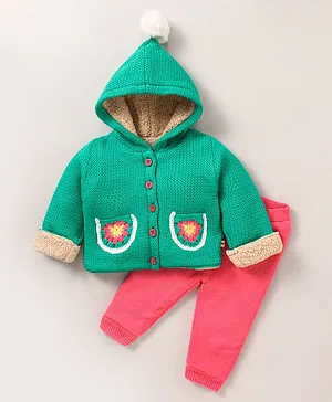 Yellow Apple Cotton Knit Full Sleeves Floral Embroidery Hooded Sweater Set - Pink & Green