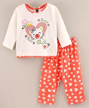 Enfance Core Full Sleeves Sweat Bear Printed Night Suit  - Peach