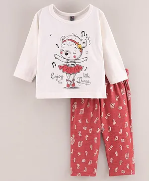 Enfance Core Full Sleeves Ballerina Bear Placement Printed Tee With All Over Musical Notes Printed Pyjama - Red