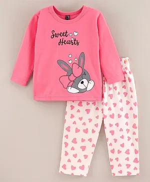 Enfance Core Full Sleeves Sweet Hearts Bunny & Polka Dots Printed Night Suit - Pink