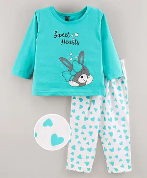 Enfance Core Full Sleeves Sweet Hearts Bunny & Polka Dots Printed Night Suit - Sea Green