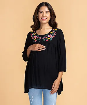 Bella Mama Crinkle Woven Floral Embroidered Maternity Top - Black